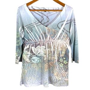 Yukiko V-Neck Peplum Empire Waist 3/4 Sleeve Lightweight Top W/ Embellishment M